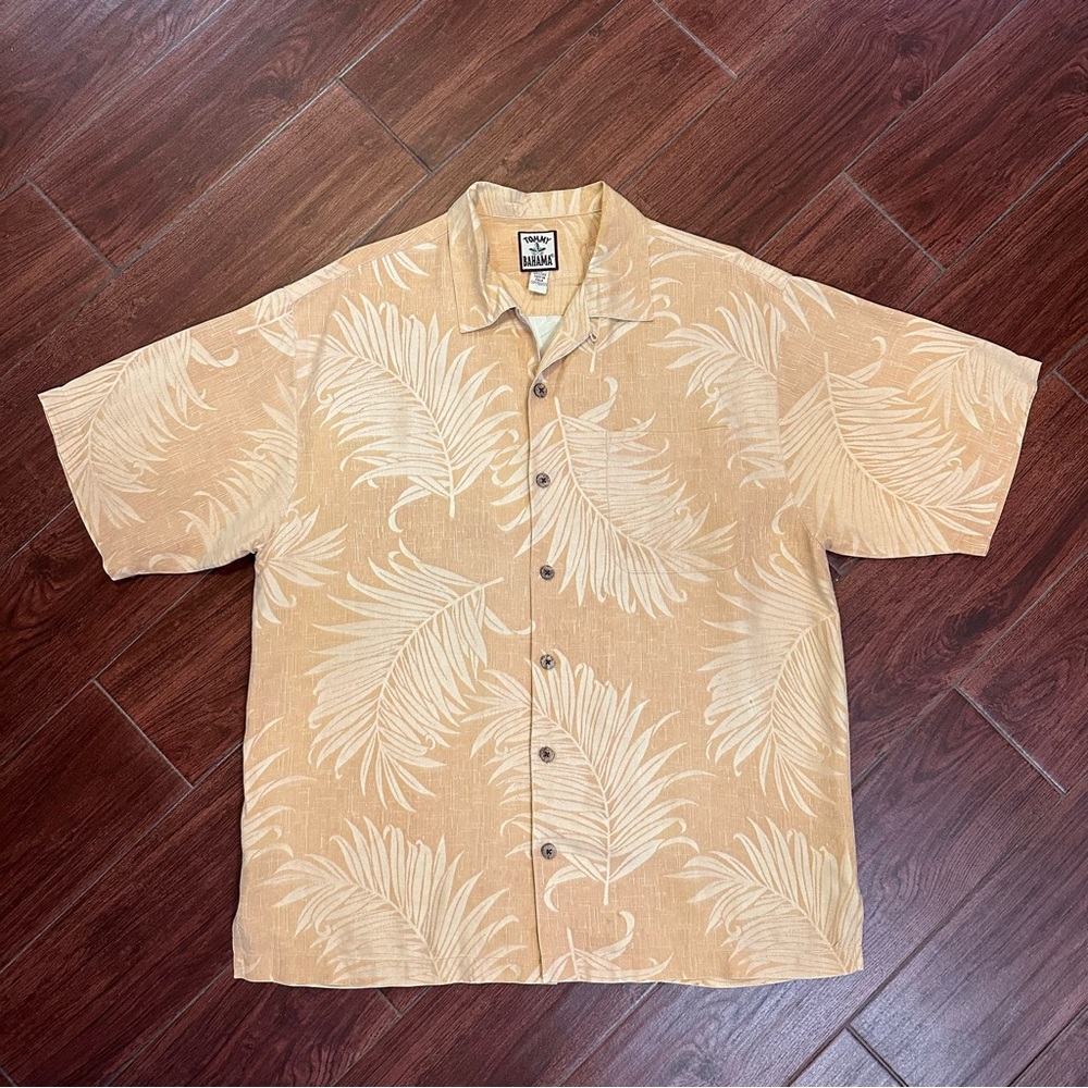 Tommy Bahama Shirt Beige Hawaiian Silk Floral Island Beach Camp Mens Large